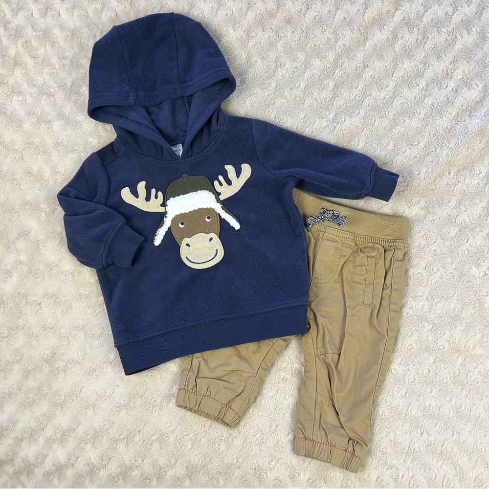 Baby Boy Outfit Carter’s Hooded Moose Top Cat & Jack Khaki Pants Size 0-3 Months